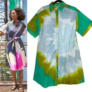 Tucker NYC safari shirtdress-seafoam chartreuse tie dye Oxford cotton sz m 8/10
